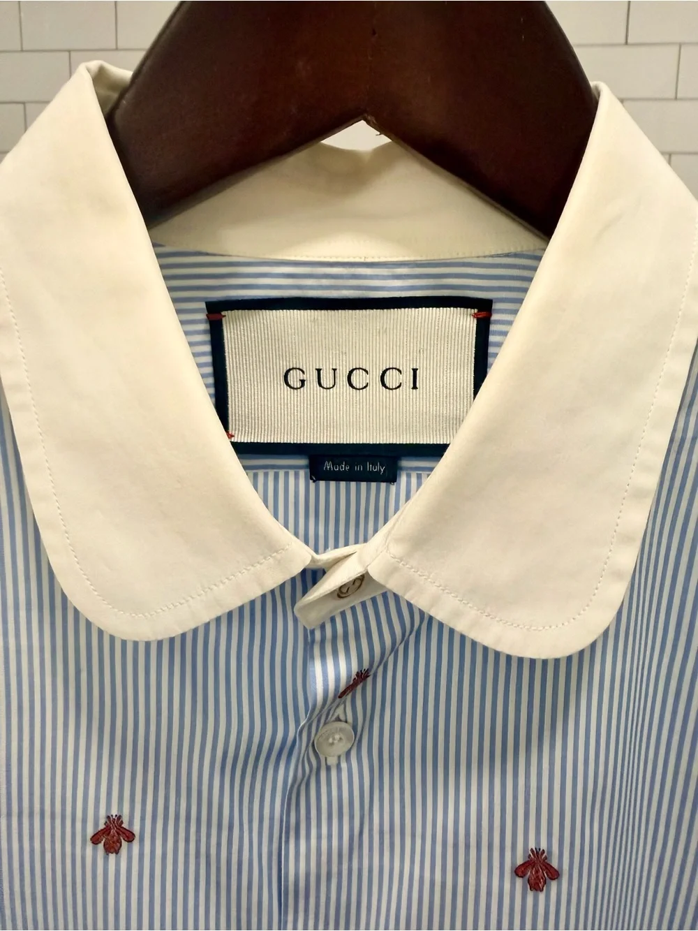 Gucci Light Blue Striped Dress Shirt with White Collar and Bee Embroidery